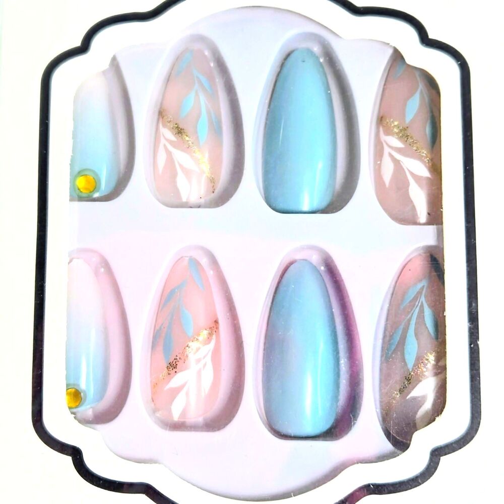 PRESS-ON NAILS Professional False Nail 24 Almond Shape Blue/Pink/White/Gold NEW